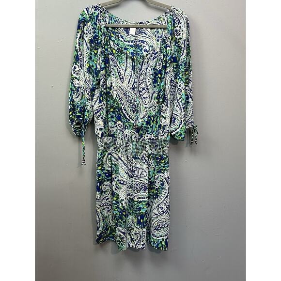 Cache Dress Womens Large‎ Blue Paisley Keyhole Slit Sleeve Smock Waist Blouson - Picture 1 of 10